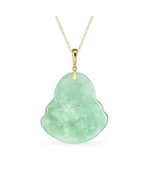 Bling Jewelry Yogi Amulet Large Statement Thai Spiritual Green Natural Jade Carved Laughing Buddha Pendant Necklace For Women Gold Plated Sterling Sil