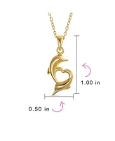 Bling Jewelry Nautical Tropical Vacation Honeymoon Swimming Heart Dolphins Charm Pendant Necklace For Women 14K Gold Plated .925 Sterling Silver