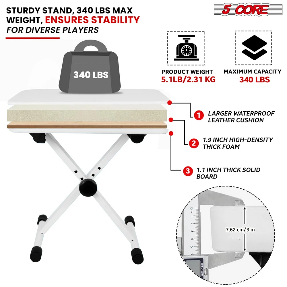 5 Core Keyboard Bench X Style Piano Stool Thick Padded Max 20.5 inch Height Adjustable Keyboards Chair White