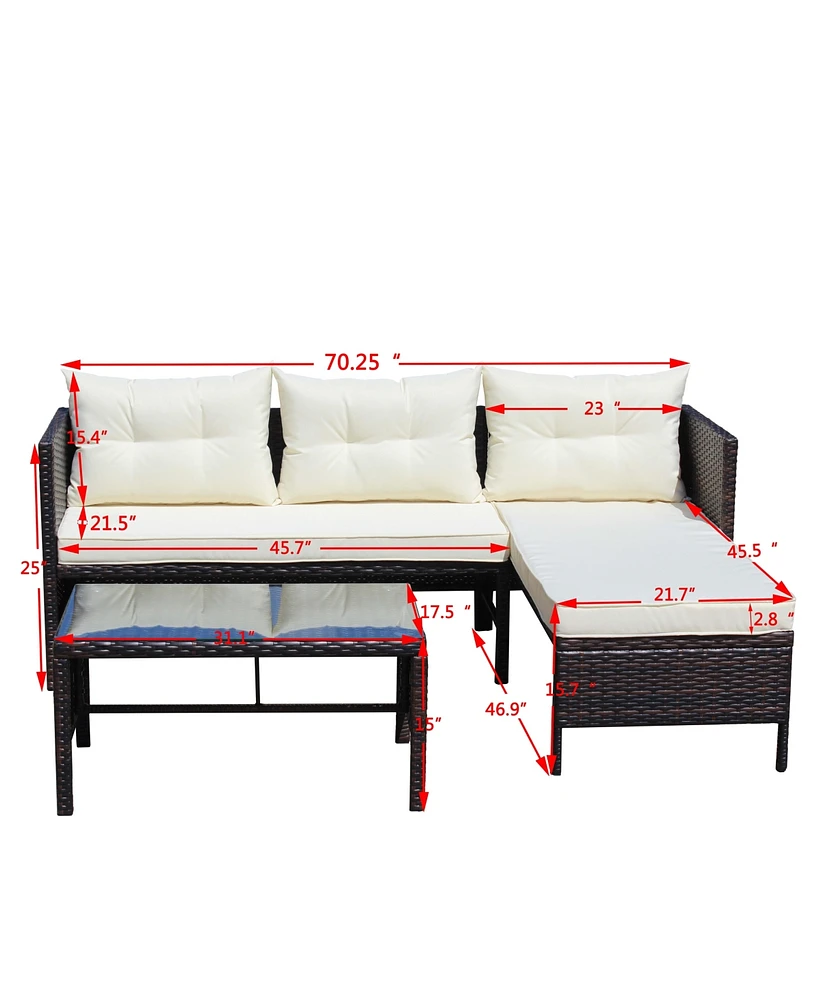 Simplie Fun Contemporary 3-Piece Outdoor Wicker Sofa Set with Cushions and Coffee Table