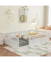 Simplie Fun Full Floor Bed Frame with Fence, Wood Kids Floor Beds Frame for Bedroom Playroom, White date Jul. 10th)