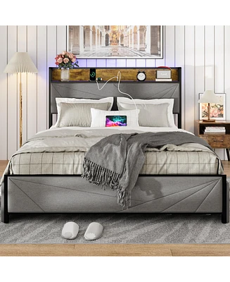 Streamdale Furniture Full Size Bed Frame with 4 Storage Drawers and 2 Usb Ports, Upholstered Platform Bed Frame with Storage Headboard Charging Statio