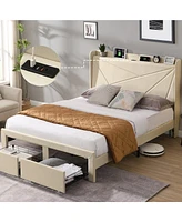 Mondawe Queen Size Bed Frame with 2 Storage Drawers, Upholstered Bed Frame with Wingback Headboard Storage Shelf Built-in Usb Charging Stations