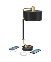 Possini Euro Design Myles Mid Century Modern Desk Lamp with Dual Usb Charging Ports 24" High Black Gold Metal Drum Shade Decor for Bedroom Living Room