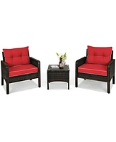 Gymax 3PCS Patio Outdoor Rattan Furniture Set w/ Coffee Table Red Cushion