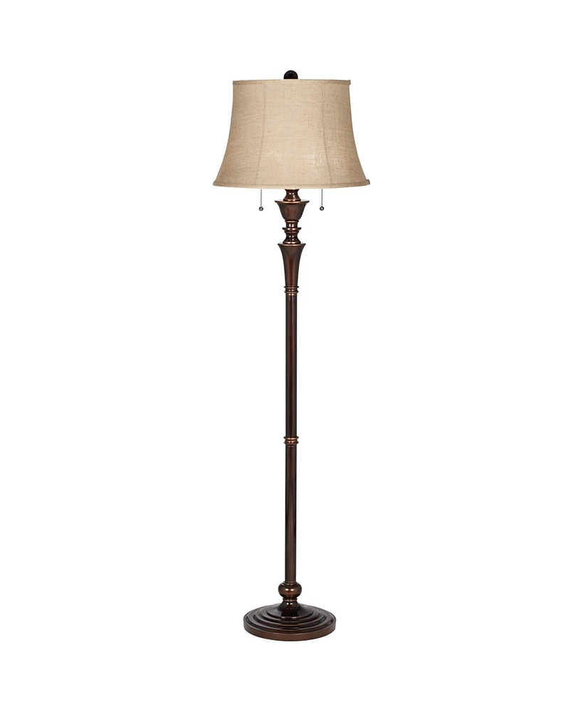 Regency Hill Brooke Traditional Standing Floor Lamp 60" Tall Rich Bronze Copper Accents Metal Column Brown Burlap Modified Bell Shade for Living Room