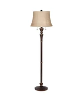 Regency Hill Brooke Traditional Standing Floor Lamp 60" Tall Rich Bronze Copper Accents Metal Column Brown Burlap Modified Bell Shade for Living Room