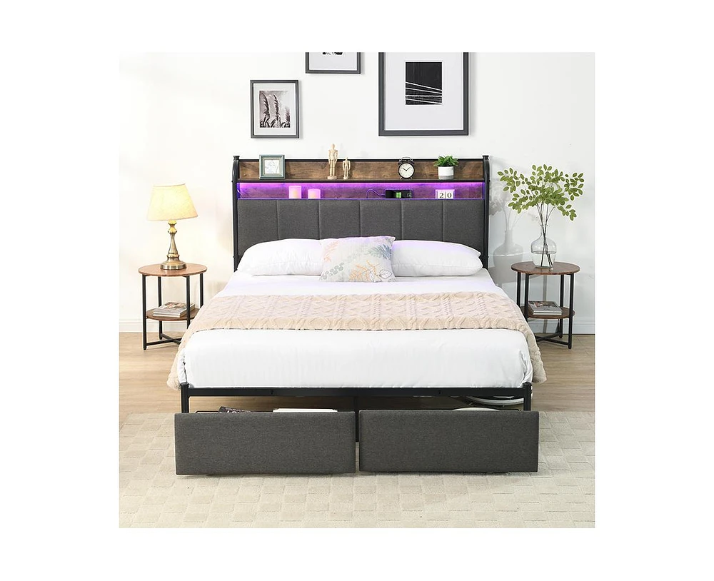 Simplie Fun Queen Bed Frame, Storage Headboard with Charging Station, Solid and Stable, Noise Free, No Box Spring Needed, Easy Assembly