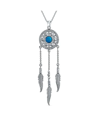 Bling Jewelry Western Boho Turquoise Accent Native American Indian Multi Feathers Leaf Dream Catcher Pendant Necklace For Women Oxidized .925 Sterling