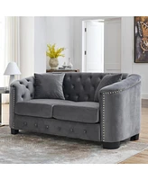 Simplie Fun Classic Chesterfield Sofa Velvet Upholstery, Nailhead Trim, Solid Wood Frame