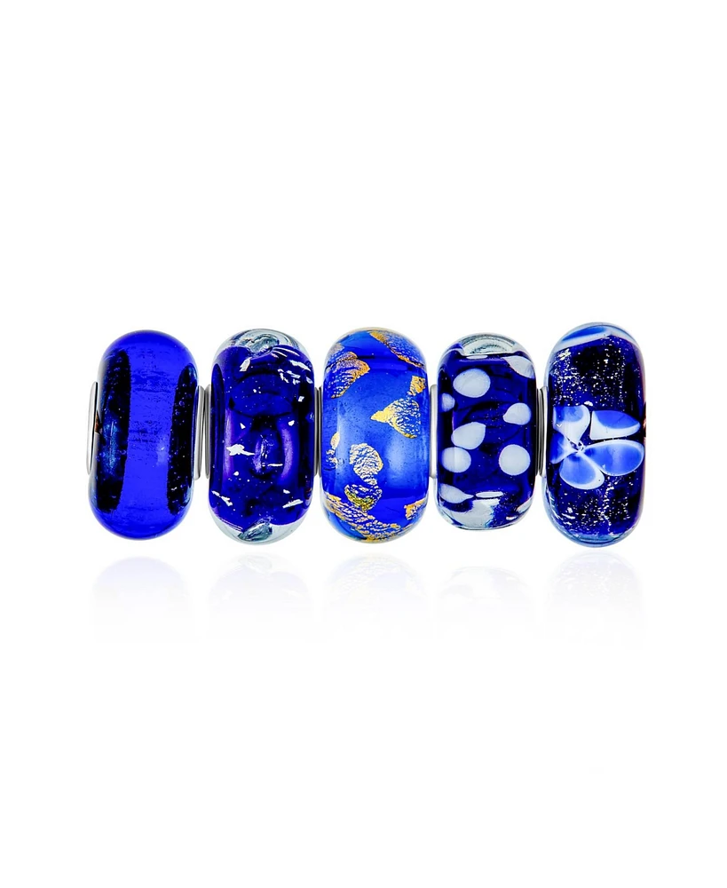 Bling Jewelry Assorted Mixed Set Of 6 Bundle Translucent Shades Of Black Blue Navy Silver Gold Foil Murano Swirl Charm Bead Spacer For Women Sterling