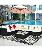 Sugift 7 Pieces Sectional Wicker Furniture Sofa Set with Tempered Glass Top-Beige