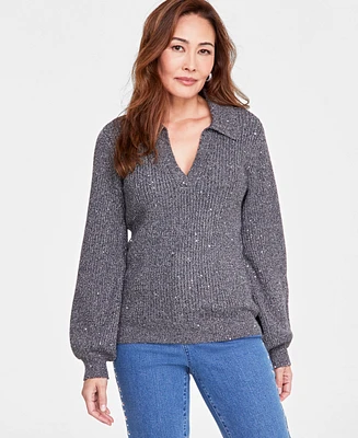 I.n.c. International Concepts Women's Sequin-Embellished Collared Long-Sleeve Sweater, Created for Macy's