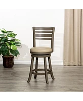 Simplie Fun 24" Counter Height Slat Back Swivel Stool, Weathered Gray Finish, French Gray Leather Seat