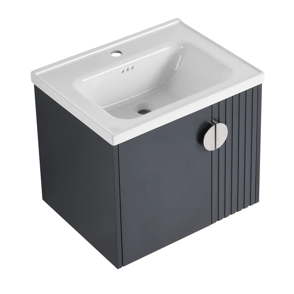 Wall-Mounted Vanity | Dual-Door with 3D Wave | Ceramic Sink | Soft-Close | Metallic