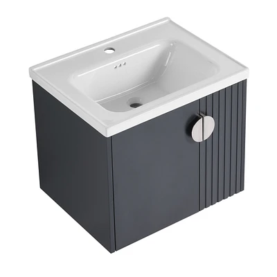 Wall-Mounted Vanity | Dual-Door with 3D Wave | Ceramic Sink | Soft-Close | Metallic