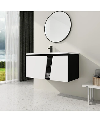 Simplie Fun Wall-Mounted Vanity with Soft-Close Doors and Ceramic Sink