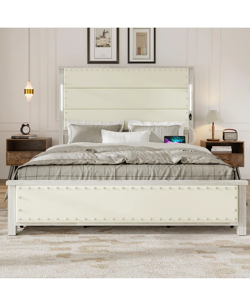 Simplie Fun Queen Size Bed Frame with Upholstered Headboard and 4 Storage Drawers , Queen Bed Frame with Charging Station and Led Lights, Wood Slats,