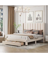 Simplie Fun Queen Size Storage Bed Velvet Upholstered Platform Bed with a Big Drawer - Beige