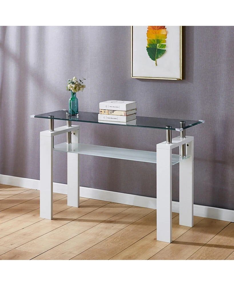 Streamdale Furniture White Mdf Console Table, Tempered Glass Top, Modern Foyer Area Table