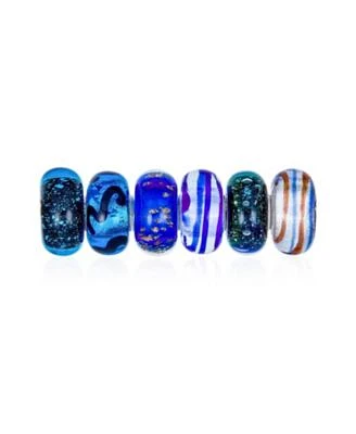 Bling Jewelry Assorted Mixed Set Of 6 Bundle Translucent Shades Of Black Blue Navy Silver Gold Foil Murano Swirl Charm Bead Spacer For Women Teen .925 Sterling Silver Core Fits European Bracelet