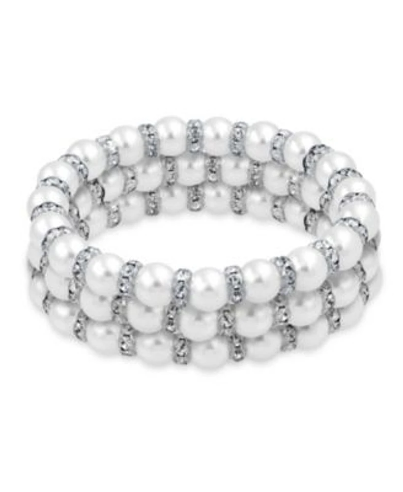 Bling Jewelry Set of 3 White Simulated Pearl Stackable Strand Stretch Bracelet For Women White Crystal Rondelle Spacer Silver Plated Brass