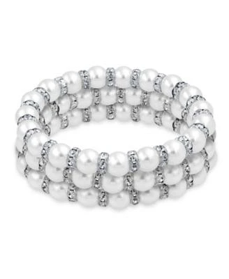 Bling Jewelry Set of 3 White Simulated Pearl Stackable Strand Stretch Bracelet For Women White Crystal Rondelle Spacer Silver Plated Brass