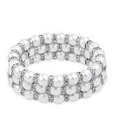 Bling Jewelry Set of 3 White Simulated Pearl Stackable Strand Stretch Bracelet For Women White Crystal Rondelle Spacer Silver Plated Brass