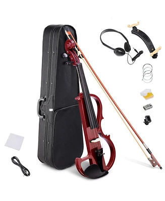 Yescom 4/4 Full Size Electric Violin Wood Silent Fiddle Fittings Headphone Jujube Red