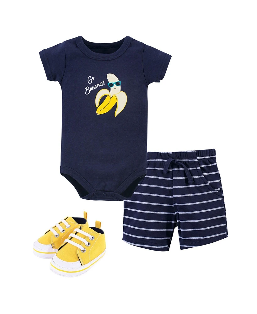 Hudson Baby Boys Cotton Bodysuit, Shorts and Shoe 3pc Set, Go Bananas, 12-18 Months