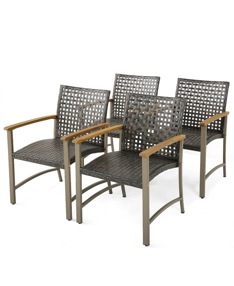 Slickblue Set of 4 Patio Rattan Dining Chairs with Acacia Wood Armrests