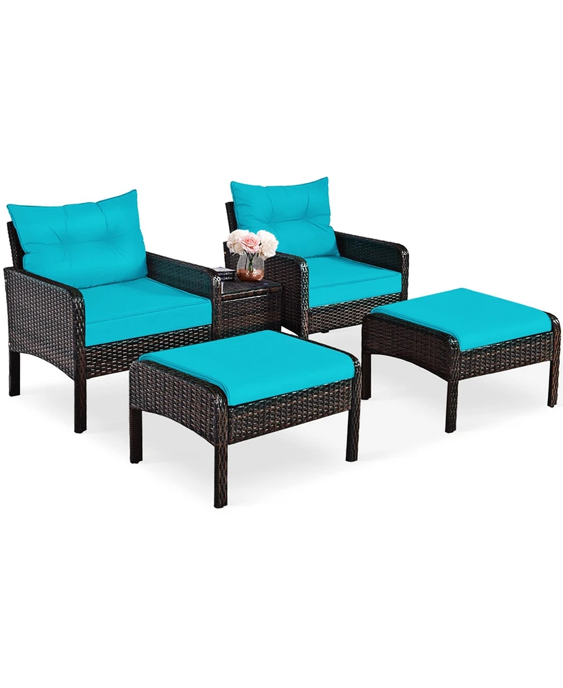 Gymax 5PCS Patio Set Sectional Rattan Wicker Furniture Set w/ Turquoise Cushion