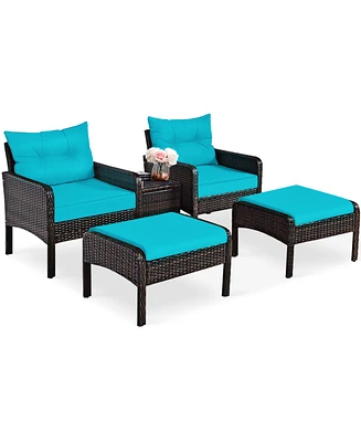 Gymax 5PCS Patio Set Sectional Rattan Wicker Furniture Set w/ Turquoise Cushion