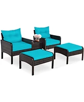 Gymax 5PCS Patio Set Sectional Rattan Wicker Furniture Set w/ Turquoise Cushion