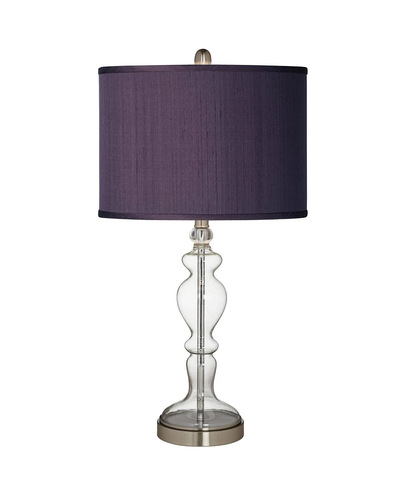 Possini Euro Design Modern Table Lamp 28" Tall Clear Glass Apothecary Candlestick Eggplant Purple Textured Faux Silk Fabric Drum Shade for Bedroom Liv