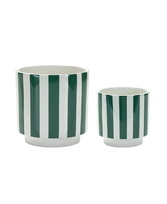 Slickblue Set of 2 Green and White Striped Planters for Vibrant Indoor and Outdoor Decor