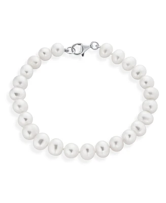 Bling Jewelry Classic Simple 7.5-8 Mm White Freshwater Cultured Pearl Hand Knotted Strand Bracelet For Women For Sterling Silver 7.5 Inch