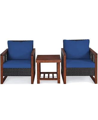 Gymax 3PCS Rattan Wicker Patio Conversation Set Outdoor Furniture Set w/ Navy Cushion