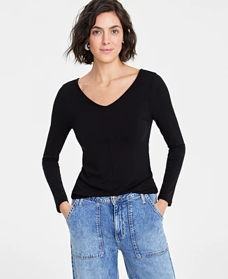 On 34th Women's Long-Sleeve Double V-Neck Tee, Created for Macy's