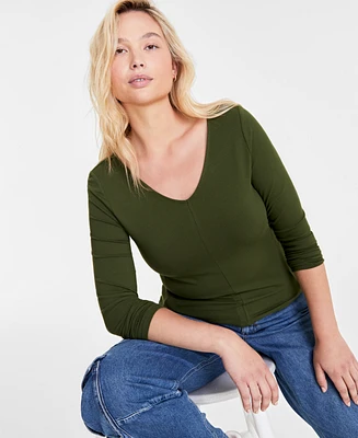 On 34th Women's Long-Sleeve Rib Double V-Neck Top, Created for Macy's