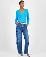 On 34th Women's Long-Sleeve Rib Double V-Neck Top, Created for Macy's