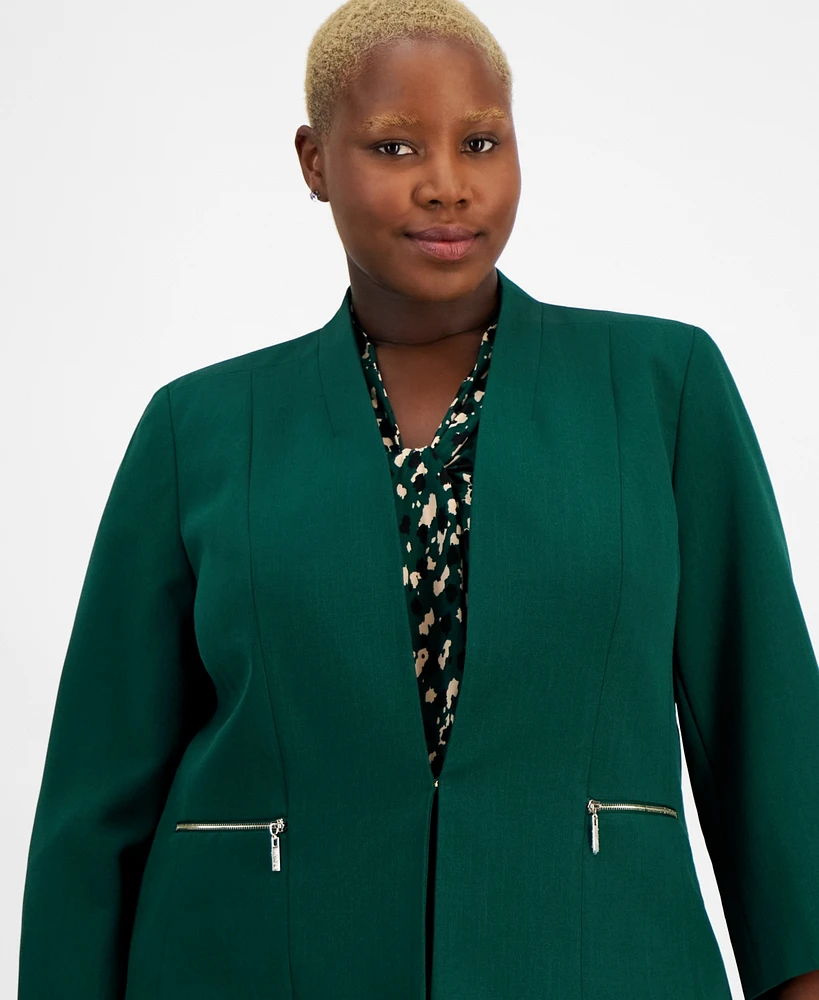 Kasper Plus Kiss-Front Zippered-Pocket Blazer