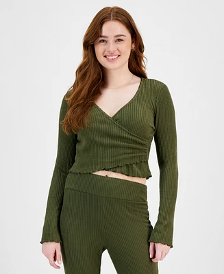Planet Heart Juniors' Surplice-Neck Ribbed Long Sleeve Top