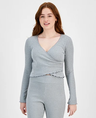 Planet Heart Juniors' Surplice-Neck Ribbed Long Sleeve Top