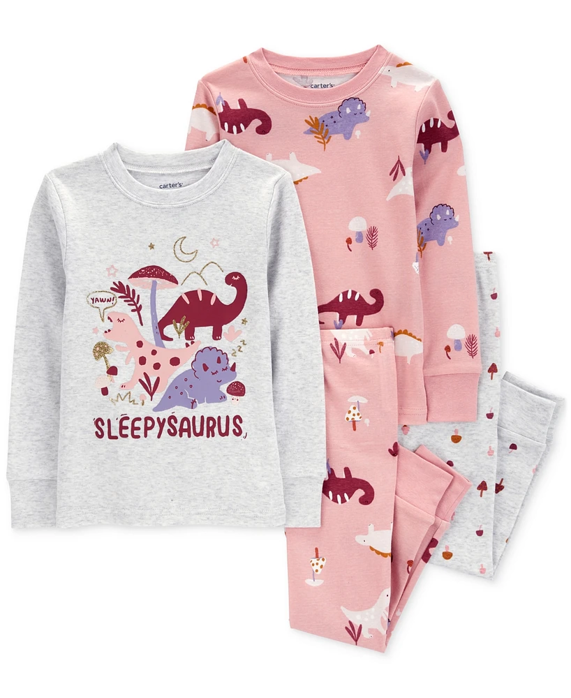 Carter's Toddler Girls Dinosaur-Print 100% Snug-Fit Cotton Pajamas, 4 Piece Set