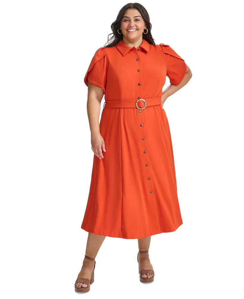 Calvin Klein Plus Tulip-Sleeve Belted Shirtdress