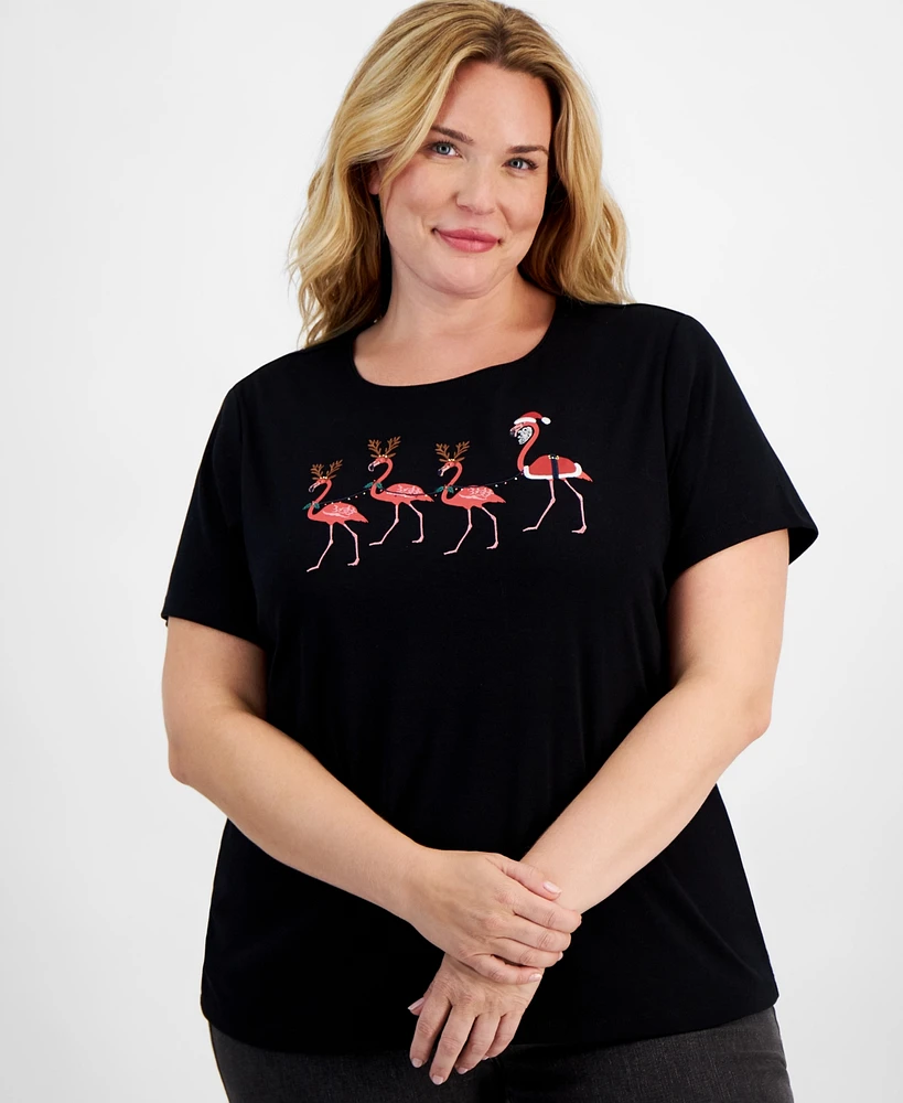 Holiday Lane Plus Flamingo Flair Short-Sleeve Top, Created for Macy's