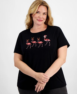 Holiday Lane Plus Flamingo Flair Short-Sleeve Top, Created for Macy's