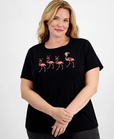 Holiday Lane Plus Flamingo Flair Short-Sleeve Top, Created for Macy's