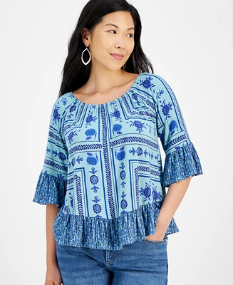 Style & Co Petite Printed On-Off Knit Top, Created for Macy's